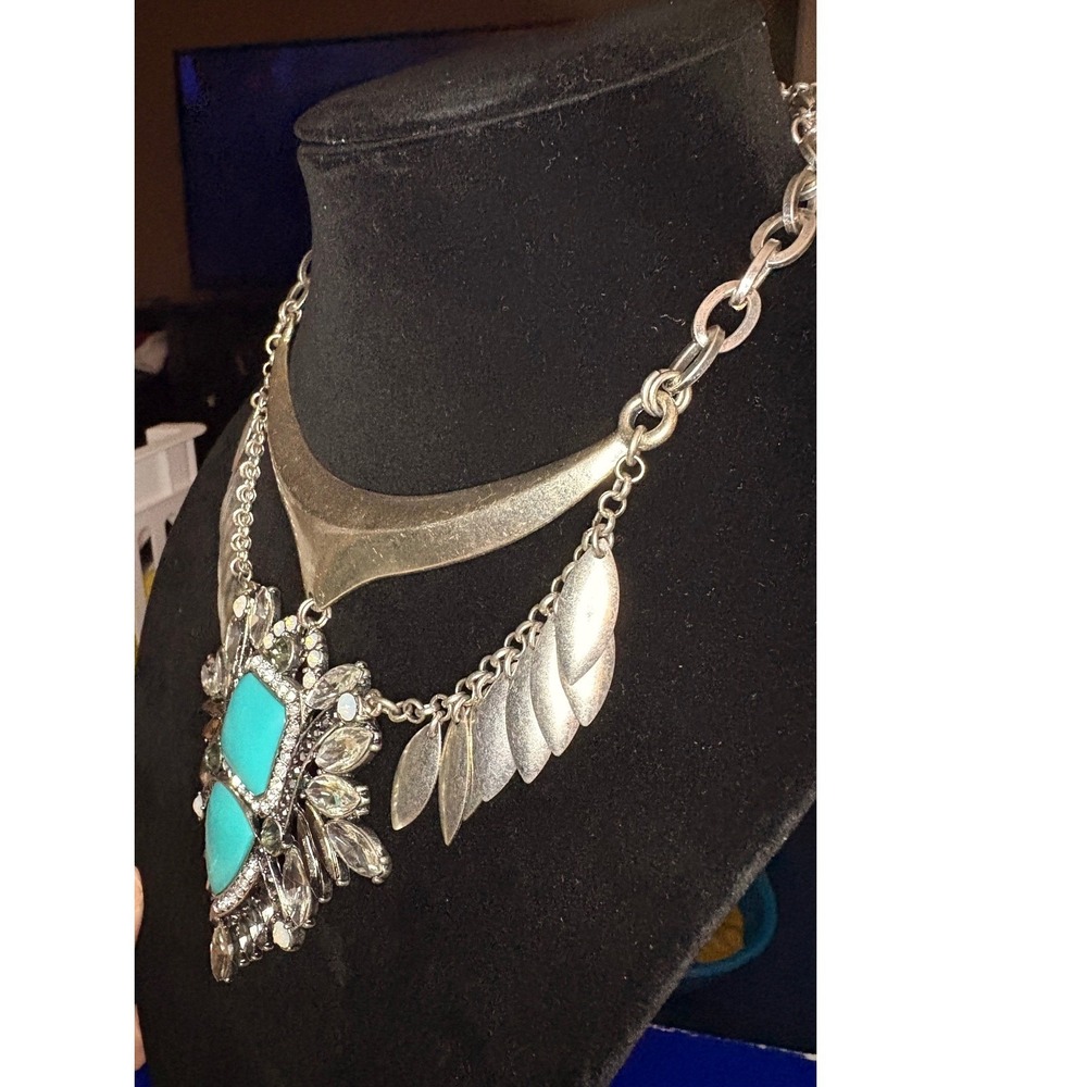 Chunky Statement Bib Necklace Turquoise Gemstones Silver Tone Layered Pendant - Picture 3 of 6